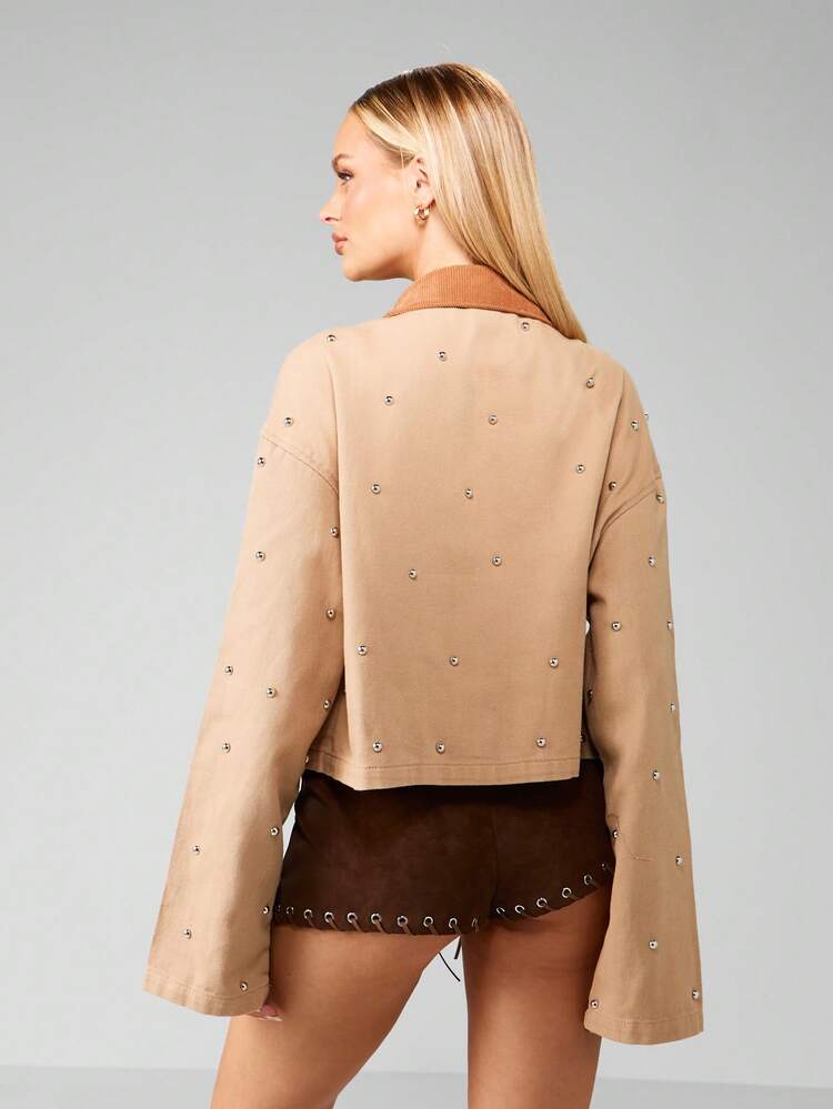 MISSGUIDED Studded Workwear Jacket With Contrast Corduroy Collar Fall Winter Fashion Zip Front Cotton Casual Outerwear With Metal Eyelets