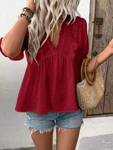 LanaWest 女式深V领泡泡袖镂空细节衬衫