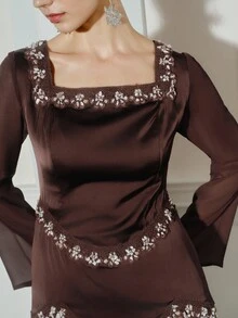 Anewsta 女式新款无袖细肩带蓝色性感串珠紧身连衣裙，优雅精致的街头风格连衣裙 - 摩卡棕 - 查看 5