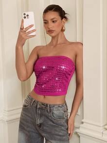 Aloruh Purple-Red Y2K Party Crop Top Camisole,Pink Top,Sleeveless Tube Top,Halloween,Halloween Costumes,Women's Halloween Costume,Christmas Women's Clothing,New Year Outfit,Thanksgiving Outfit For Women,Party Top,Elegant Women's Top,Casual,Sequin Top,Shiny Top,Glitter Top,Nightclub Top,Music Festival Concert Top