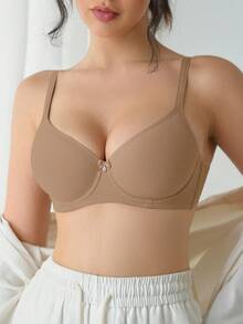 1 件女士简约纯色钢圈文胸 - 卡其色 - 查看 6