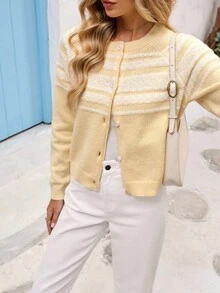 Vivid Eden Women's Geometric Pattern Raglan Sleeve Single-Breasted Casual Knit Cardigan Autumn Winter Clothes For Women - Yellow - View 1