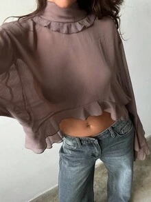 Aloruh 女士秋冬波西米亚风荷叶边高领、荷叶边袖口、前短后长系带透视罩衫 - 棕色 - 查看 8