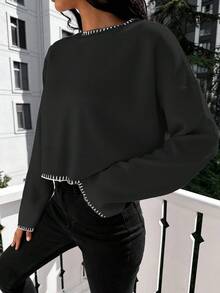 EURMUSE Lỏng lẻo phù hợp Vòng cổ Áo len Với Thả vai - màu đen - Xem 6