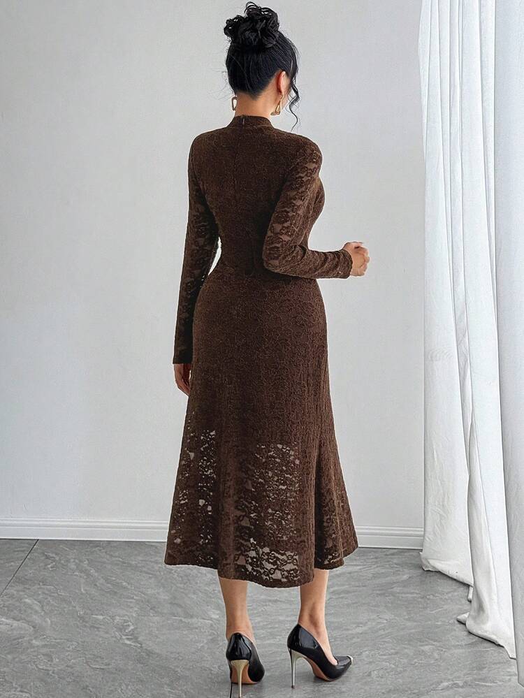 Women's Elegant Stand Collar Lace Mid-Length Dress, Autumn