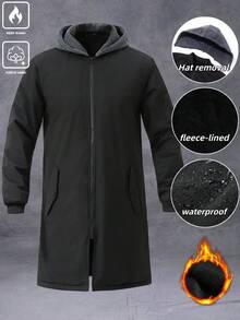 Manfinity Homme 可拆卸帽兜，前拉链，加厚保暖内衬，时尚男士长款羽绒服，秋冬款 - 黑色 - 查看 3