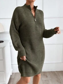 EURMUSE Women Plain Knit Design Knit Dress With Zipper Detail - Army Green - View 2