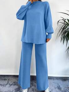 EURMUSE 2Pcs/Set Solid Color Stand Collar Long Sleeve Sweater Top And Pants Set,Petite,Winter Clothes - Blue - View 5