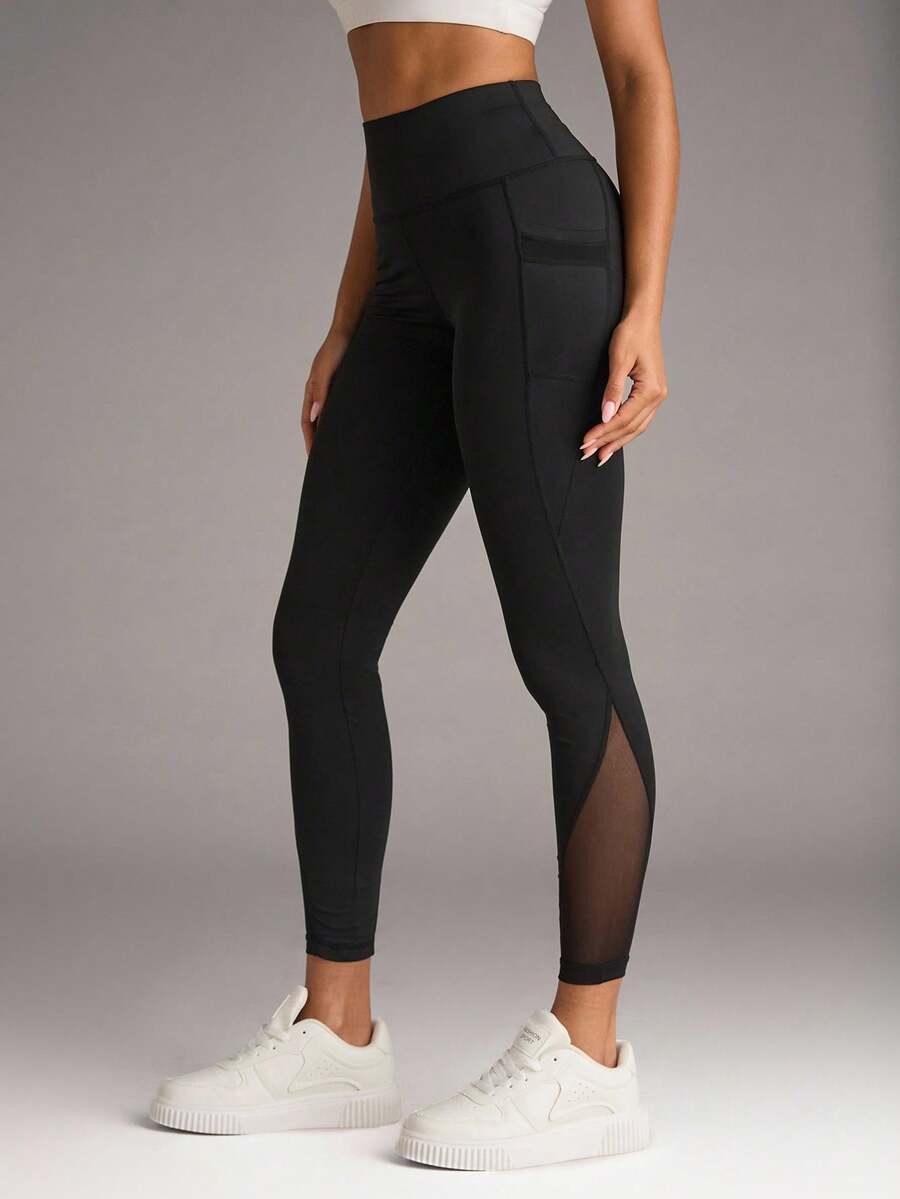 SHEIN BAE Workout Leggings Seamless Tummy Control Mesh Insert Compression Tights With Side Phone Pocket - Black - View 1