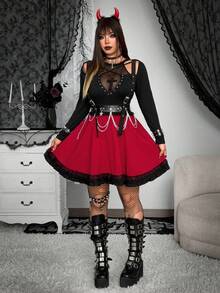 SHEIN Whyspr Grunge Punk Christmas Plus Size Women Adjustable Buckle Contrast Color Goth Style Suspender Dress - Burgundy - View 4