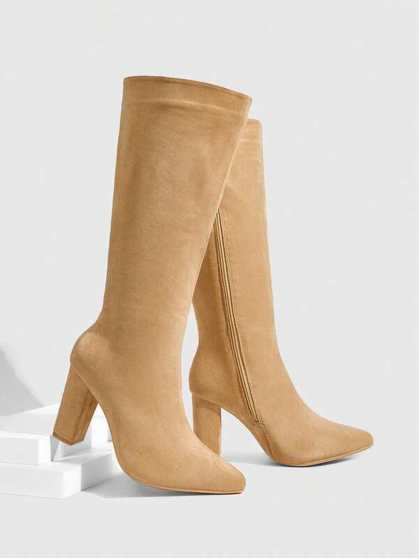 Daringsoles Botas altas hasta la rodilla con cremallera lateral y tacón grueso en color dorado