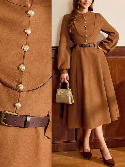 Vintamour 复古优雅女装连衣裙，带口袋，腰带，金属纽扣，撞色饰边，休闲通勤度假长裙 女装秋装 女装秋装 女装秋装 女装秋装 女装冬装 女装秋装 女装冬装 圣诞女装 女装圣诞装 沙特国庆节礼服 沙特国庆节服装 女装优雅礼服 优雅礼服 棕色礼服 新年