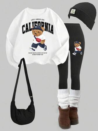 Slaydiva 女士秋装/女士冬装/女士两件套/Y2K风格服装/街头服饰/返校季/女士外出上衣/两件套/休闲宽松圆领卫衣和紧身打底裤套装/加州T恤