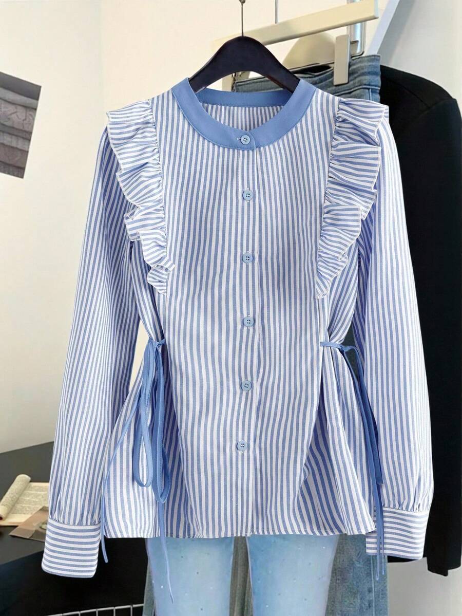 Franclia Fashionable And Versatile Blue And White Striped Colorblock Round Neck Open Cardigan Frill Ruffles Pleated Drawstring Waist Long Sleeve Open Cardigan ShirtAutumn, Winterautumn Fall Clothes For Women Winter Winter Clothes National Day New Year Going Out Tops For Women Graduation Elegant Fashionable Casual Commuting Business Office Daily Leisure All-Match Temperament Urban Teacher Professional Attire