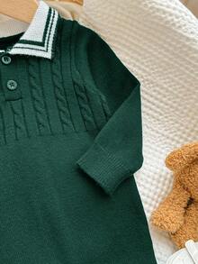 SHEIN Newborn Baby Boy/Girl Turndown Collar Romper Jumpsuit, Cable Knit Texture Sweater Outfit, Suitable For Autumn/Winter Indoor & Outdoor Wear - Dark Green - View 3