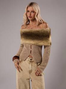 TRNVIE 1pc Women's Apricot Vintage Bohemian Color Block Turtleneck Sweater, Everyday Wear - Apricot - View 6