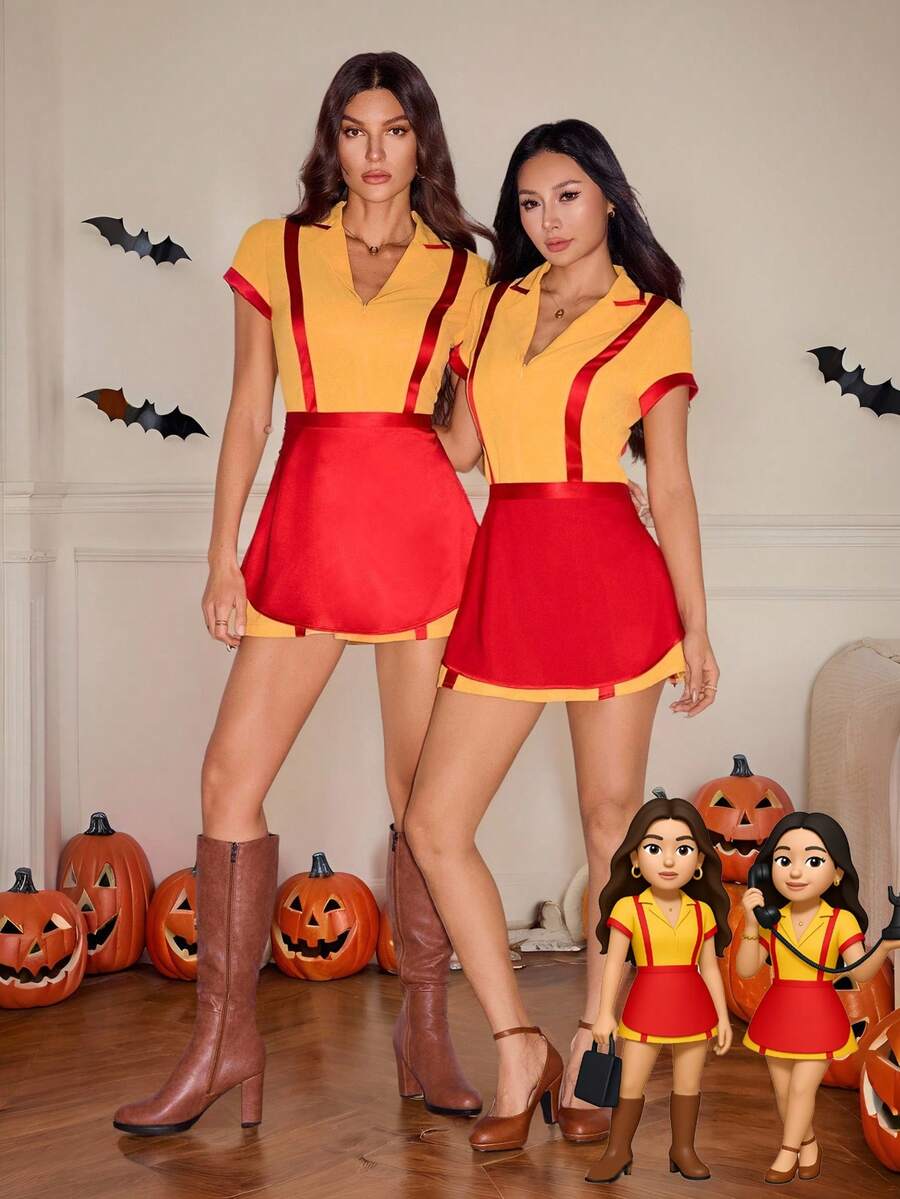 SHEIN Tall Váy hóa trang nữ, trang phục Halloween cổ điển phù hợp cho các bữa tiệc, cỡ lớn - Màu vàng - Xem 1