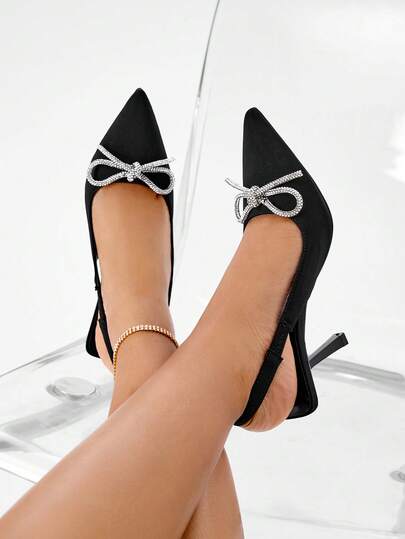 CUCCOO CHICEST Zapatos de mujer con decoración de strass y moño, elegantes de punta estrecha con tacón en negro para verano, graduación, citas, vacaciones, rebajas de verano, vuelta al cole, estudiantes universitarios, Navidad, Año Nuevo y temporada de otoño