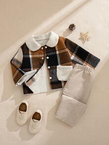 SHEIN 2pcs/Set Toddler Boys' French Retro Thickened Long Sleeve Brown Plaid Jacket And Pants Outfit,Autumn Cute Modest Family Matching Outings School Set - Multicolor - View 1