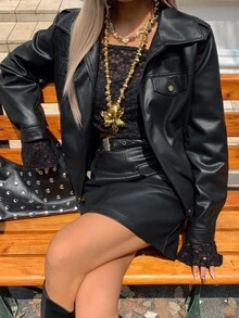 DAZY Women's Solid Color PU Leather Zip Front Jacket And Mini Skirt Casual 2 Pieces Set, Autumn