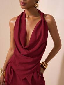 Zivah 2025 春夏新款音乐节、复活节、圣帕特里克节、西部风、游牧风、生日派对、毕业典礼、学院风、学生风、休闲风、日常穿着、百搭风、休闲风、邮轮旅行、海滩风、日光浴风、网络热卖风、街头风、婚礼宾客波西米亚风、通勤风、早午餐风、机场装 - 棕色纹理面料不对称结饰设计尖头上衣、喇叭领上衣和阔腿裤套装 - 酒紅色 - 查看 5