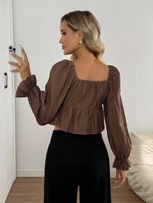 Easowa Frill Trim Puff Sleeve Lantern Sleeve Gathered Collar Tie Front A-Line Long Sleeve Shirt, Textured Crinkle Fabric, Casual Relaxed Elegant Office Lady Style Brown Blouses Coffee Brown Top Dark Brown Top Brown Long Sleeve Top Chocolate Brown Top - Mocha Brown - View 2