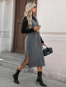 Easowa 女士休闲纯色羊毛无袖V领开衩中长连衣裙，适合秋冬季日常穿着 - 深灰色 - 查看 5