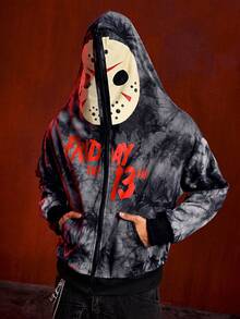 ROMWE MEN Friday the 13th X ROMWE Áo nỉ có mũ trùm đầu kéo khóa in họa tiết chữ Tie-Dye mùa thu dành cho nam - màu đen - Xem 7