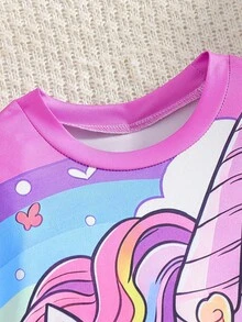 SHEIN 女童独角兽印花圆领休闲修身短袖连衣裙，时尚适合节日、派对、度假和旅行，夏季 - 彩色 - 查看 5