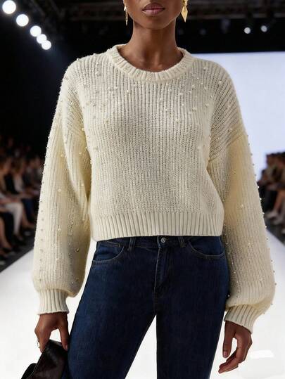 Vesra 时尚宽松纯色珍珠装饰灯笼袖毛衣