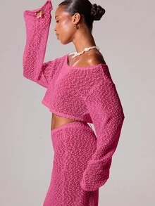 MUSERA Slash Neck Textured Knit Wide Long Sleeve Crop Top Cover Up Only Ibiza Sexy Vacation Holiday Spring Summer Beachwear Romantic Elegant Birthday