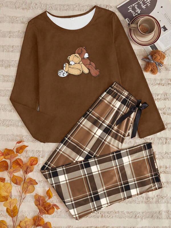 2 pezzi Set pigiama donna casual con top a maniche lunghe e pantaloni, abbigliamento autunnale