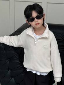 DAZY 儿童秋季服装，男童休闲宽松卫衣，硅胶标签，简约秋季风格 - 白色 - 查看 5