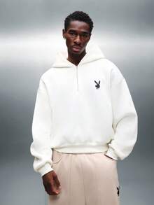 PLAYBOY X SUMWON Sweatshirt Hoodie Crop Fit Setengah Resleting dengan Logo Kelinci, Pakaian Santai Kasual Ukuran Besar, Streetwear Musim Gugur dan Musim Dingin, Pullover Serut Esensial - Aprikot - View 3