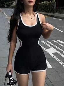 INAWLY Women Casual Sleeveless Romper With Hollow Out Waist And Rolled Hem, Summer - Black - View 1