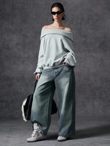 LYSMO Áo sweatshirt nữ dáng rộng vai rớt màu trơn tối giản phong cách thu đông 2025, áo sweatshirt oversized màu xám, áo hoodie nữ màu xám. - Màu Xám nhạt - Xem 5