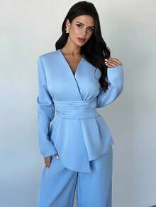 Firerie Nouvelle tenue élégante et décontractée pour femmes, style polyvalent minimaliste urbain pour le bureau et les déplacements. Top à manches longues bleu col V, tenue d'automne, tenue de professeur, tenue d'aéroport, tenue de sortie, rentrée scolaire, tenue de bureau décontractée, style "old money", sobre, tenue de bureau pour femmes - Bleu azur - Voir 2