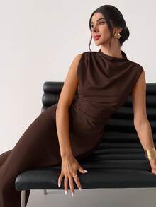 Firerie 女士优雅简约精致浪漫甜美日常通勤婚礼派对音乐节度假褶皱 A 字迷你连衣裙，红色吊带背心 - 咖啡棕 - 查看 6