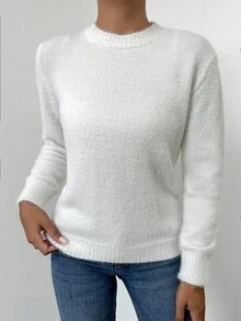 EURMUSE Solid Fuzzy Sweater - White - View 3