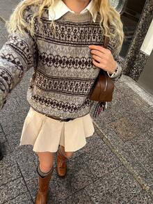 SHEIN EZwear Áo len mùa đông cho nữ, áo len họa tiết Fair Isle cổ điển, áo len dài tay cổ tròn cho nữ, áo len Giáng sinh, trang phục Giáng sinh, trang phục đón năm mới cho nữ. - Nhiều màu - Xem 6