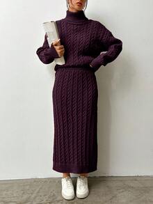 EURMUSE Women's Casual Solid Color Turtleneck Sweater And Knit Skirt 2 Pieces Set, Autumn/Winter,Petite - Burgundy - View 4