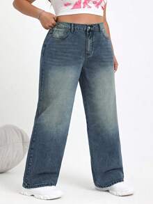 SHEIN CURVE+ Jeans casual con tasche e gamba ampia, taglie comode