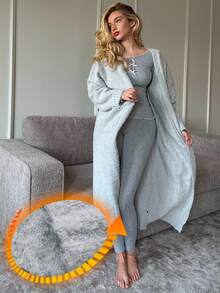 DAZY 女士宽松长款针织睡袍，简约设计，冬季睡衣，舒适保暖 - 淺灰色 - 查看 3