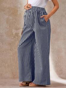 Boho Mama 孕妇格子印花口袋松紧腰休闲阔腿裤 - 藏蓝色 - 查看 3