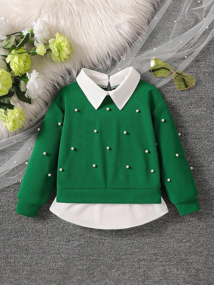 SHEIN Elladie kids 女童宽松有领二合一运动衫 - 綠色 - 查看 1