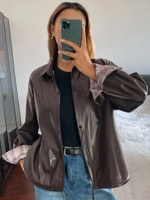 DAZY Women's Solid Color PU Jacket With Drawstring Hem And Plaid Patchwork, Casual Street Style For Autumn/Winter Women Coats - Brown - View 4