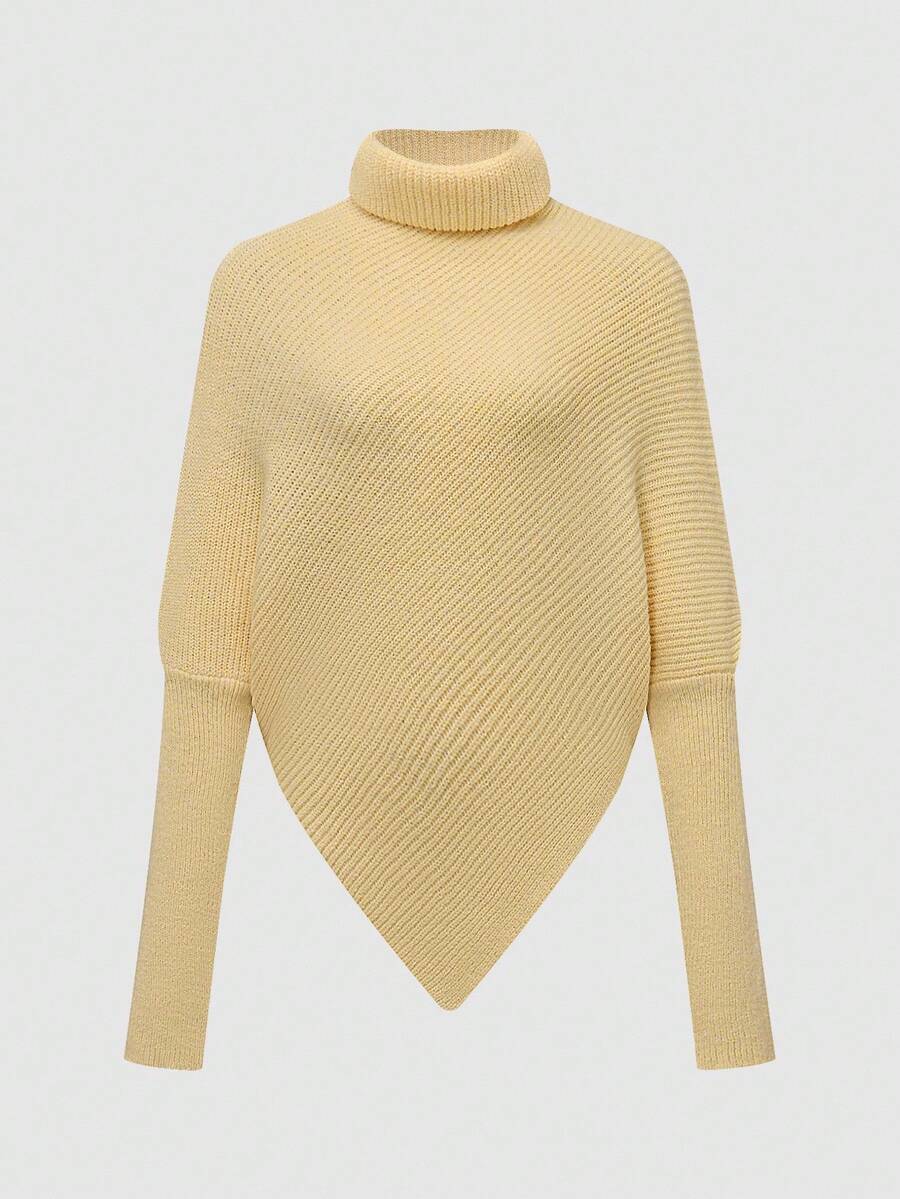 SHEIN LUNE 女士优雅纯色高领不对称下摆毛衣,秋冬 - Butter Yellow - 查看 1