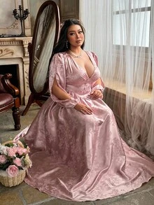 Lyrianda Plus Size Women's V-Neck Waist Cinched Long Sleeve Flowing Satin Textured Elegant Vintage Casual Cocktail Party Dress