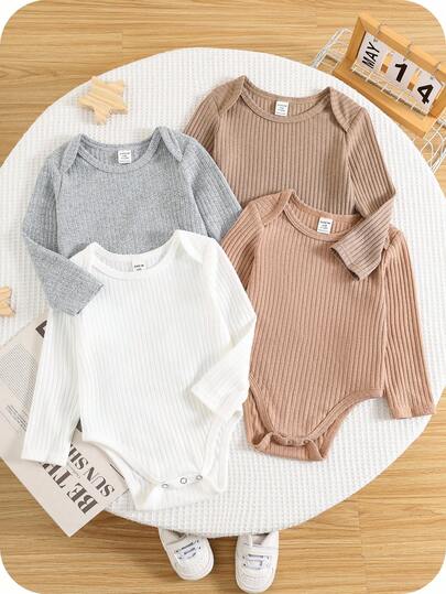 SHEIN 4pcs Newborn Baby Unisex Solid Color Knit Long Sleeve Bodysuit Set, Casual Basic Bodysuit, Suitable For Autumn, Spring, Winter Fall