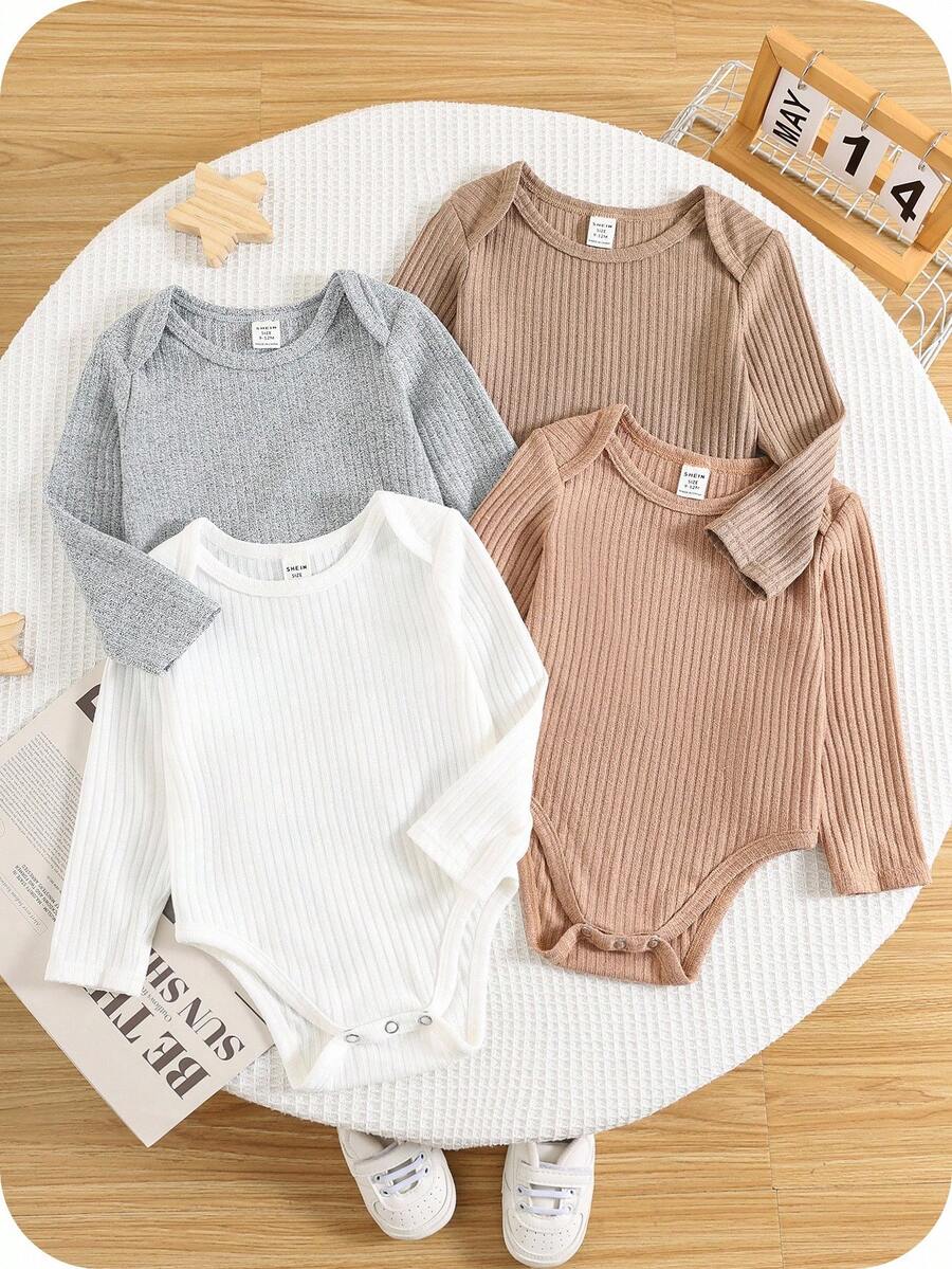 Bộ đồ liền thân dệt kim tay dài màu trơn unisex 4 món cho trẻ sơ sinh, bộ đồ liền thân cơ bản thường ngày, thích hợp cho mùa thu, xuân, đông - Nhiều màu - Xem 1